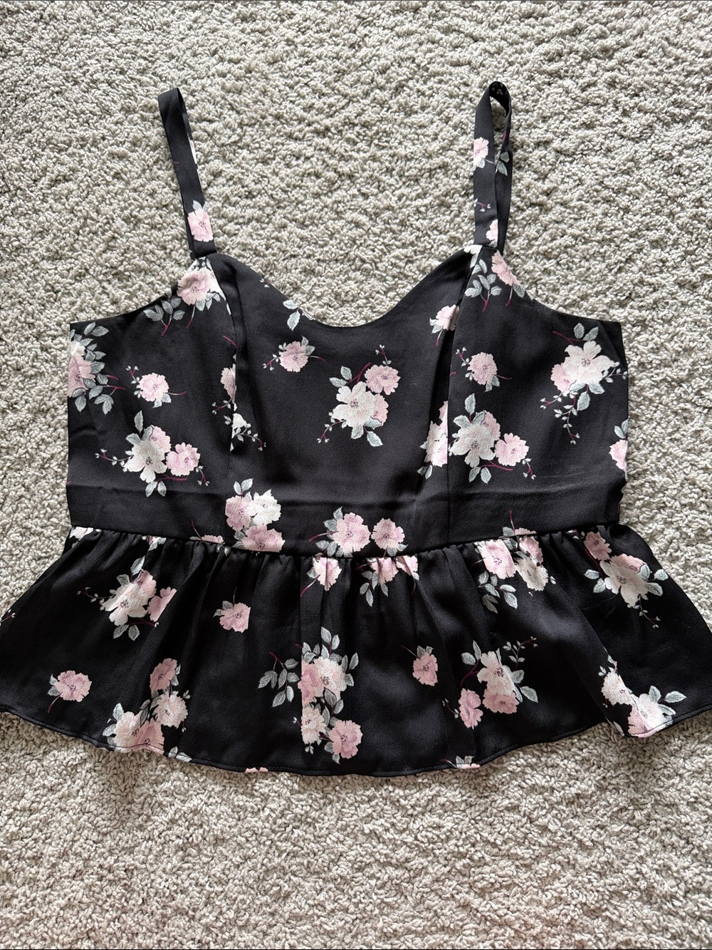 Express Black Floral Peplum Camisole with Pink and White Blooms